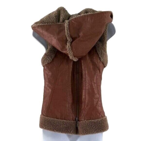Miilla Shearling Faux Leather Vest Brown Small Lined Zip Pockets Hood Vegan READ - Picture 3 of 13